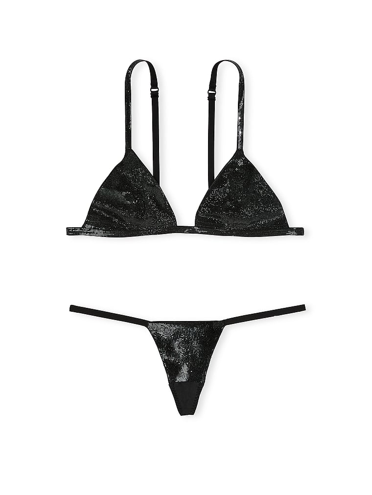 Victoria's Secret, Very Sexy Shine Triangle Bralette &  V-String Panty Set, Black, offModelFront, 3 of 5