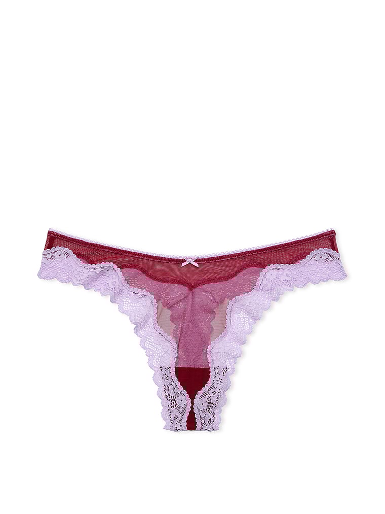 Victoria's Secret, Victoria's Secret Tease Mesh Lace-Trim High-Leg Thong Panty, Campari Red, offModelFront, 4 of 4