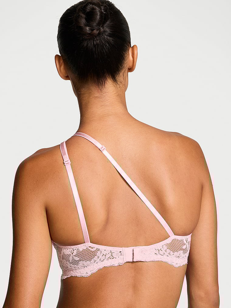 Victoria's Secret, Dream Angels Twinkle Lace One-Shoulder Monowire Bra, Chalk Rose, onModelBack, 2 of 4