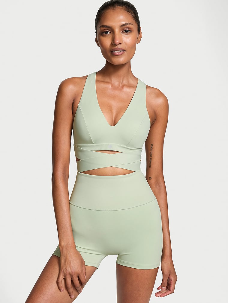 Victoria's Secret, VSX VSX Elevate™ Plunge Wrap Sports Bra, Soft Green, onModelSide, 3 of 4