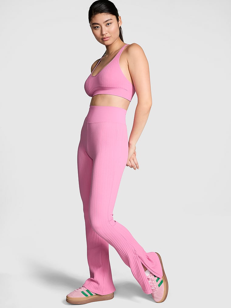 PINK Soft Seamless Cable Flare Leggings, Moonstone Pink, onModelFront, 1 of 4 Gloria is 5'9" or 175cm and wears Small