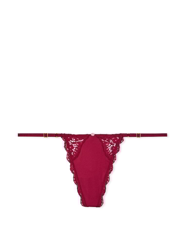 Victoria's Secret, Dream Angels Satin Bow Crotchless V-String Panty, Campari Red, offModelFront, 2 of 4