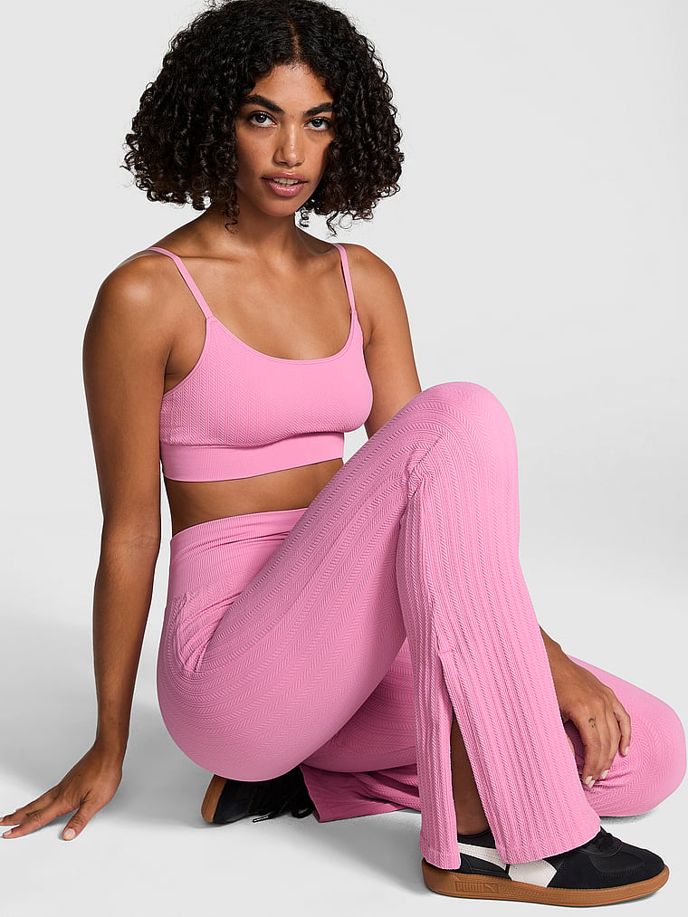 PINK Soft Seamless Cable Flare Leggings, Moonstone Pink, onModelSide, 4 of 4 Vanessa is 5'10" or 178cm and wears Small