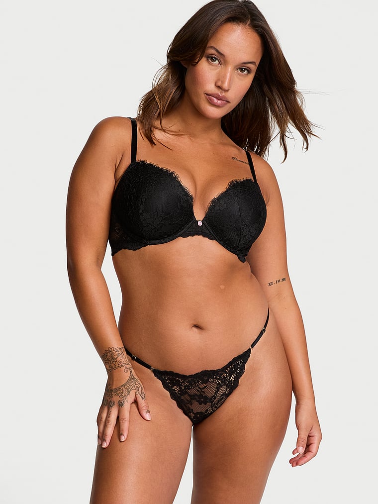 Victoria's Secret, Dream Angels Satin Bow Crotchless V-String Panty, Black, onModelSide, 1 of 4 Sofia is 5'8" and wears Large