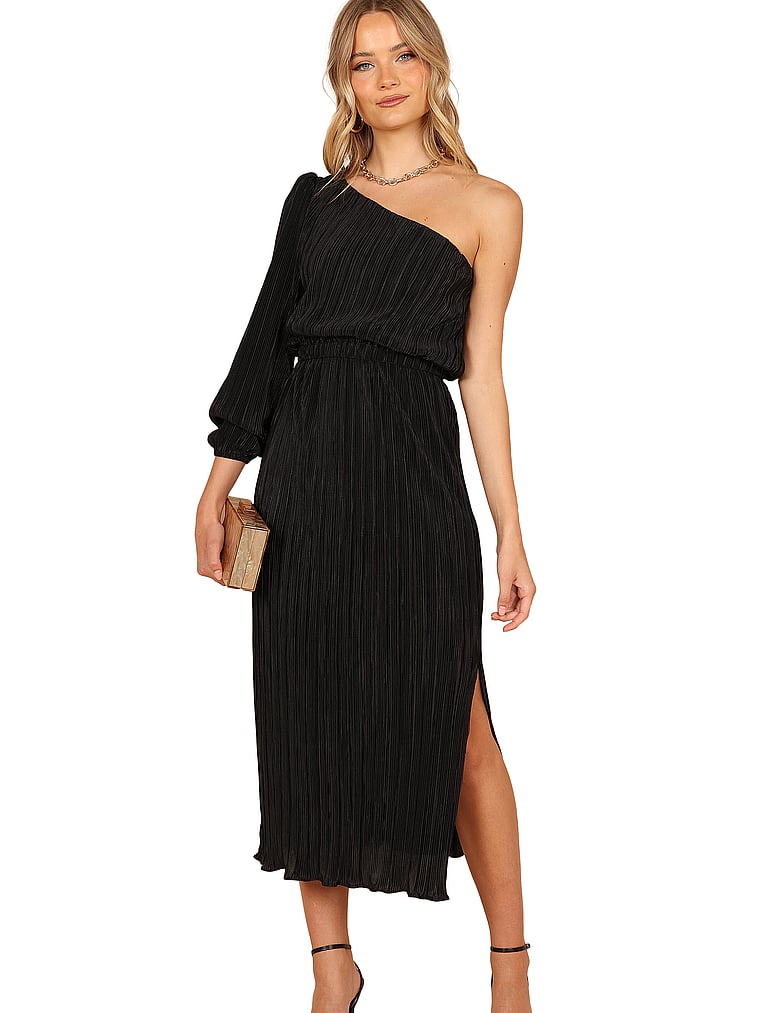 Victoria's Secret, Petal & Pup Ponte One Shoulder Pleated Midi Dress, Black, onModelFront, 1 of 3