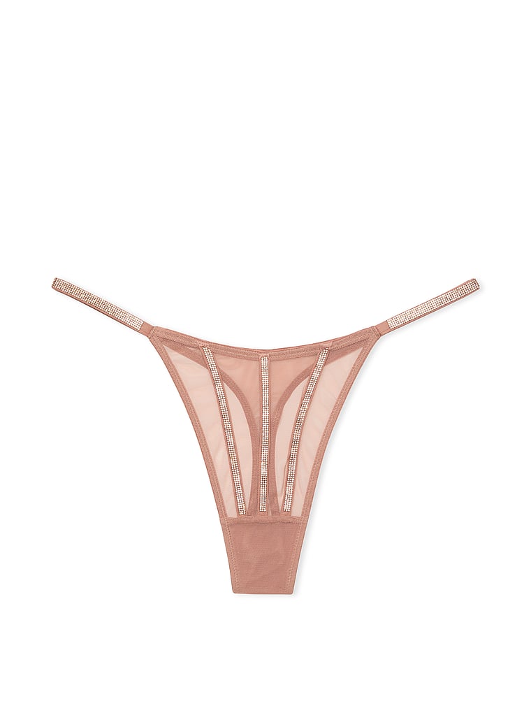 Victoria's Secret, Very Sexy Sheer Shine Thong Panty, Almond Beige, offModelFront, 3 of 5