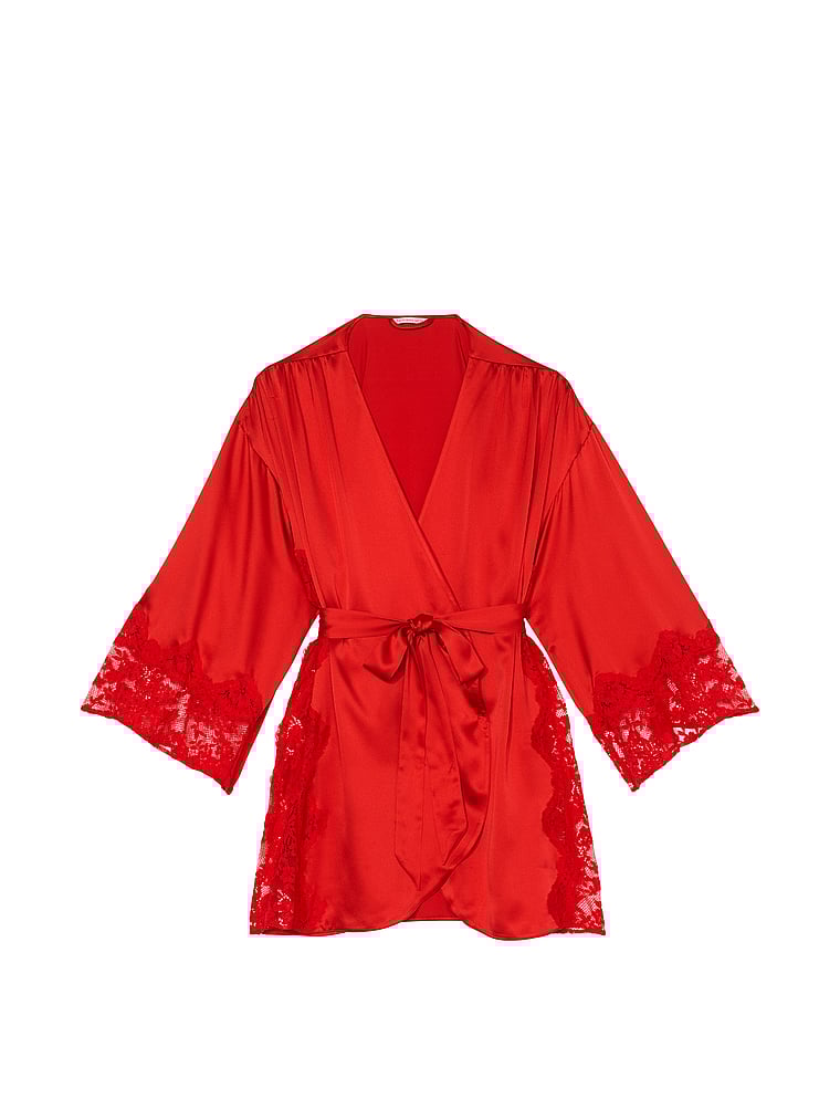 Victoria's Secret, Dream Angels Satin & Lace Trim Robe, BRIGHT VERMILLION, offModelFront, 3 of 4