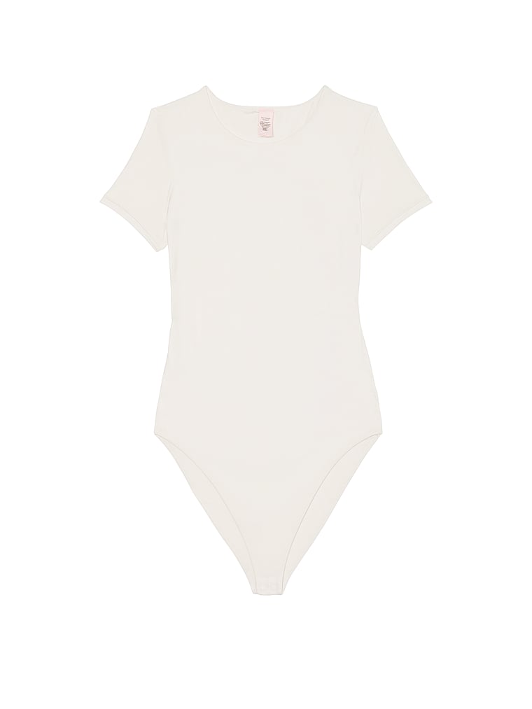 Victoria's Secret, Victoria's Secret Feathersoft Essentials Short-Sleeve Bodysuit, Coconut White, offModelFront, 3 of 3