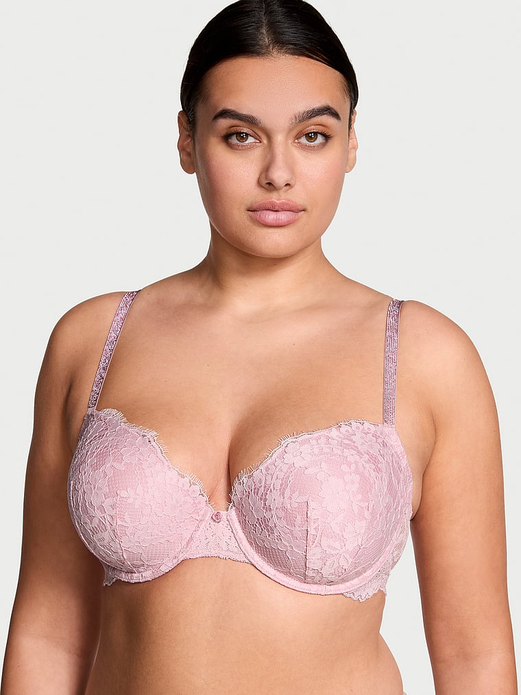 Victoria's Secret, Dream Angels Twinkle Strap Lace Classic-Coverage Demi Bra, Grey, onModelSide, 3 of 6