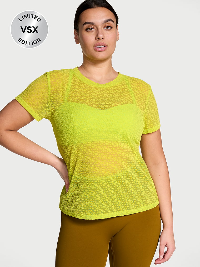 Victoria's Secret, VSX Logo Mesh Tee, Limelight, onModelFront, 1 of 4 Karmi is 5'10" or 178cm and wears Large