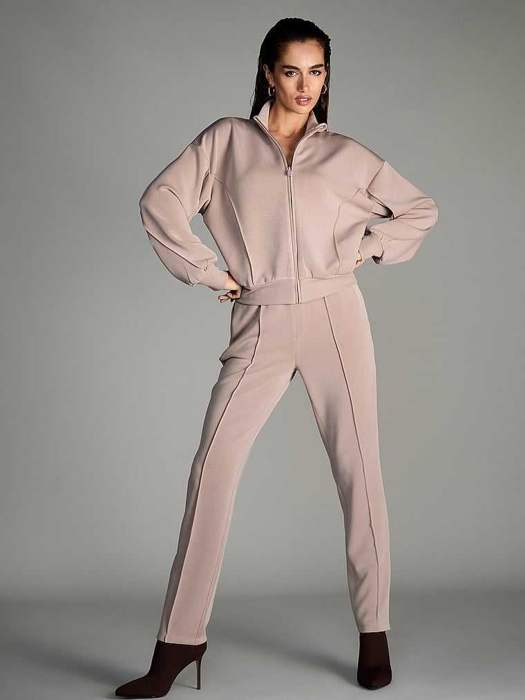 Victoria's Secret, VSX Featherweight Knit Full-Zip Jacket, Bare Taupe, onModelSide, 1 of 4 Maia is 5'9" and wears Small