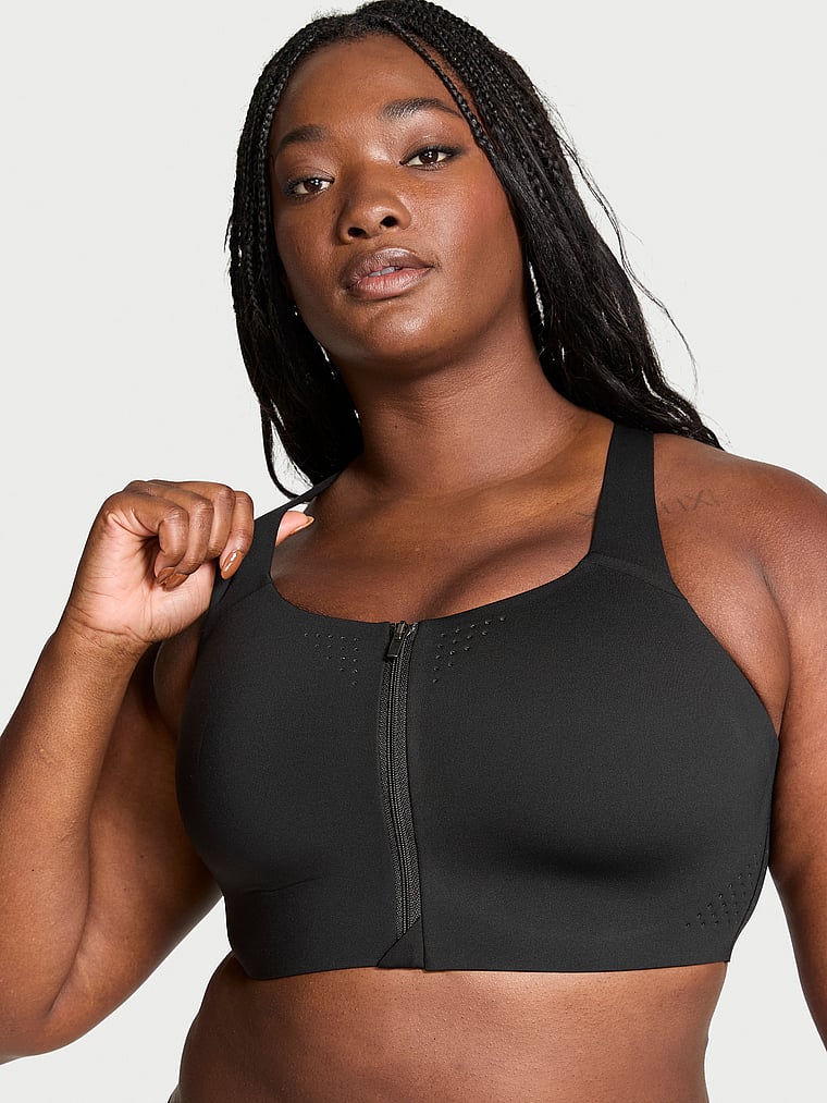 Victoria's Secret, VSX VSX Featherweight Max™ Front-Close Sports Bra, Black, onModelFront, 1 of 3 Grace is 5'11" or 180cm and wears 38DD (E) or Large