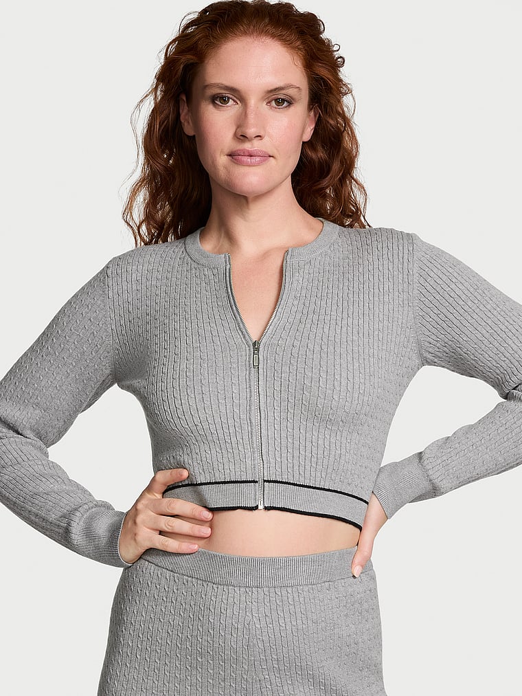 Victoria's Secret, Victoria's Secret Luxe Cable-Knit Cardigan, Heather Grey, onModelFront, 1 of 4 Katy is 5'11" and wears Large