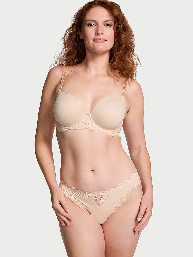 Victoria's Secret, Dream Angels Lace Thong Panty, Marzipan, onModelSide, 4 of 4 Katy is 5'11" and wears Large