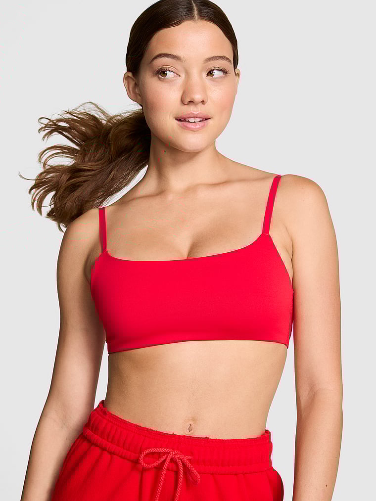 PINK Relay Square-Neck Sports Bra, Red Pepper, onModelFront, 1 of 4 Ruby is 5'6" and wears 32A or Small