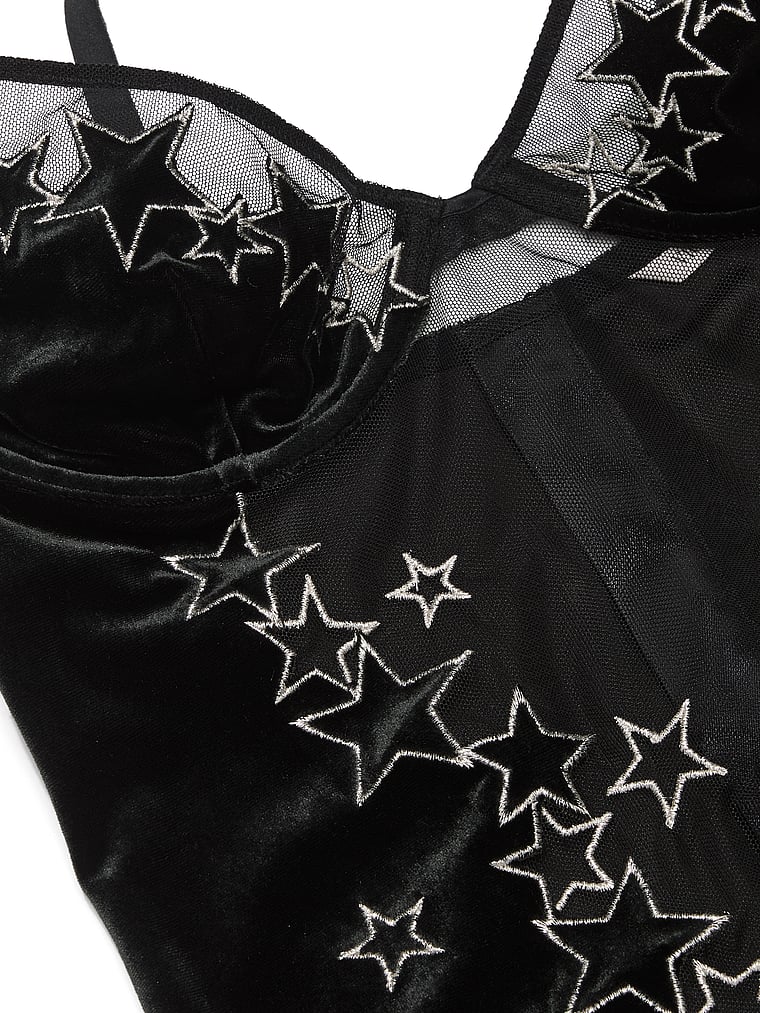Victoria's Secret, Very Sexy Starstruck Velvet Embellished Bodysuit, Black, detail, 5 of 6