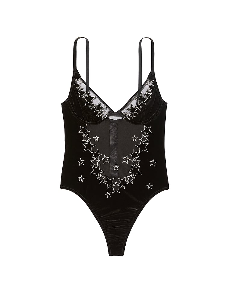 Victoria's Secret, Very Sexy Starstruck Velvet Embellished Bodysuit, Black, offModelFront, 3 of 6
