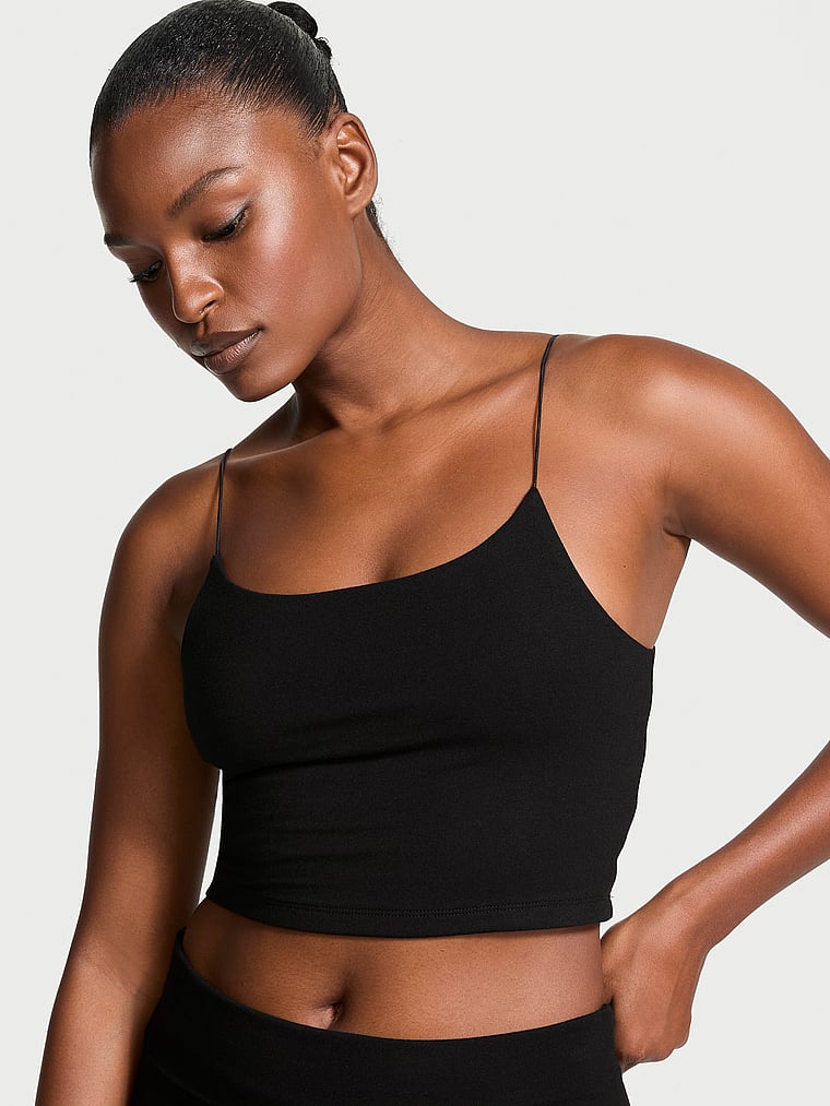 Victoria's Secret, Angel Essentials Cotton Tank Top, Pure Black, onModelFront, 1 of 4 Tsheca  is 5'9" and wears Small