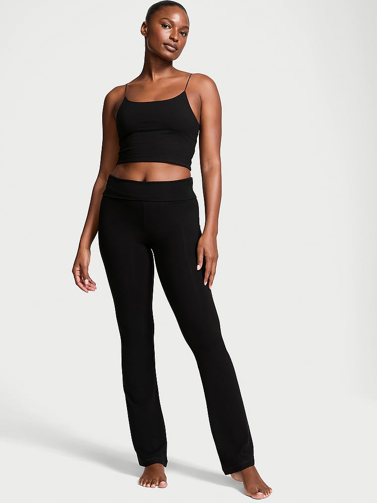 Victoria's Secret, Angel Essentials Cotton Foldover Flare Legging, Pure Black, onModelFront, 1 of 4 Tsheca  is 5'9" or 175cm and wears Small