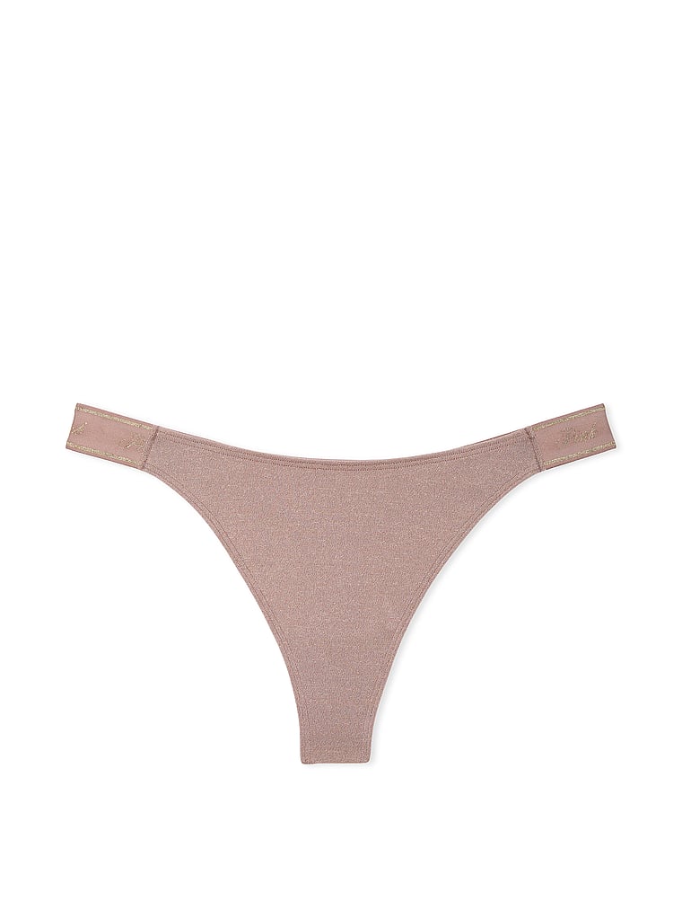 PINK Logo Cotton Shimmer High-Leg Thong Panty, Iced Coffee Sparkle Knit, offModelFront, 3 of 4