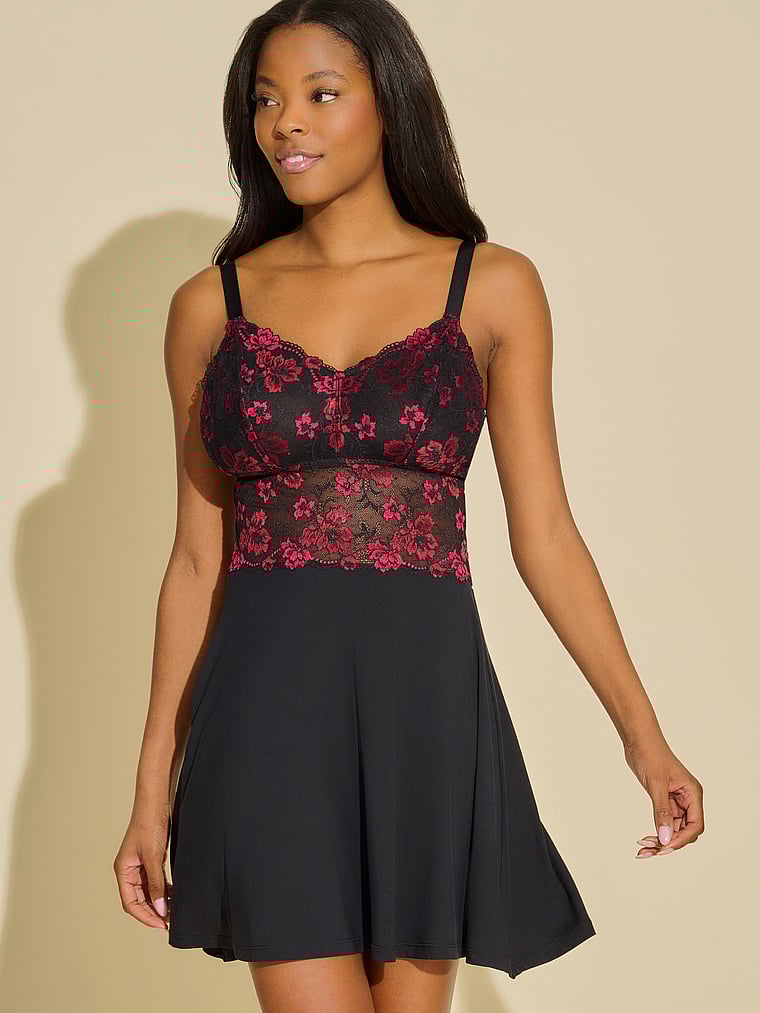 Victoria's Secret, Cosabella Savona Curvy Chemise & G-String Set, Black/Fragolino, onModelFront, 1 of 3