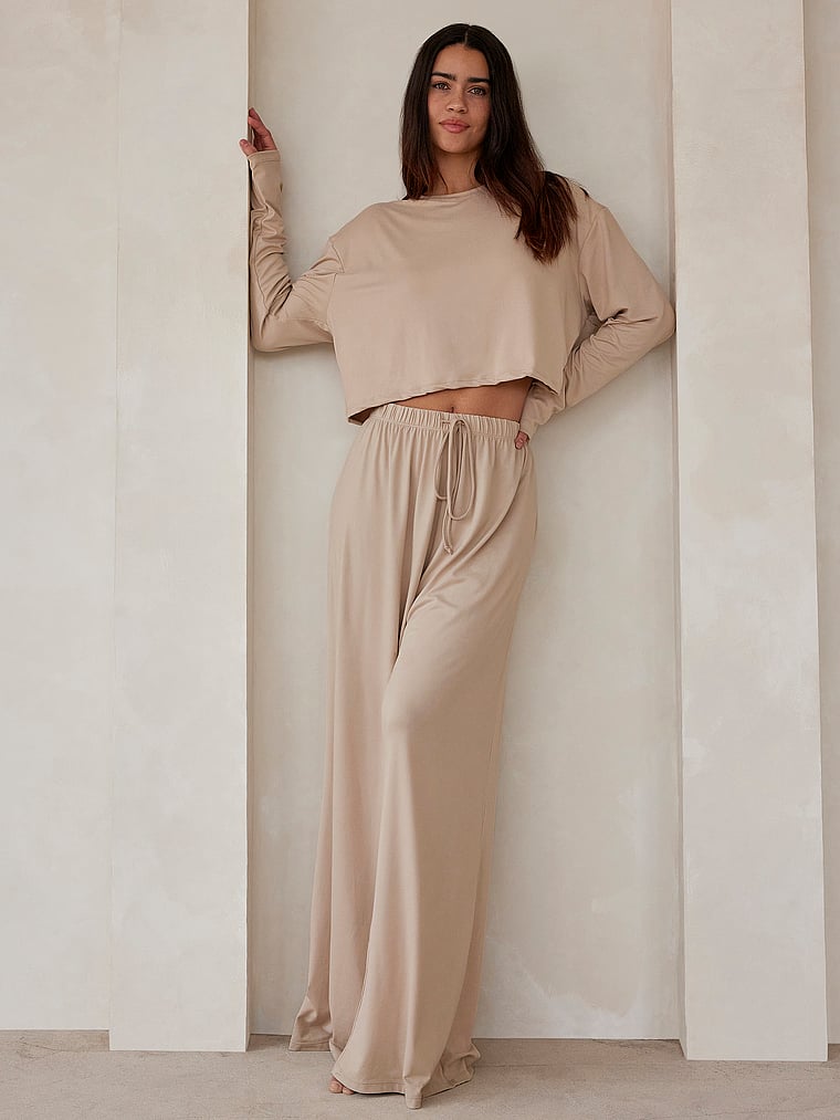 Victoria's Secret, Bumpsuit Cloud Slim Pant, Oat, onModelFront, 1 of 3