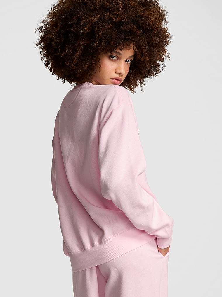 PINK Ivy Fleece Classic Crew Sweatshirt, Pink Tulip, onModelBack, 2 of 4 Yoly  is 5'8" and wears Small