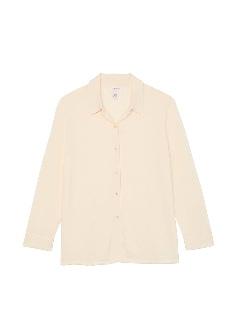 Victoria's Secret, Victoria's Secret Luxe Crème Knit Button-Up Shirt, CANDLELIGHT, offModelFront, 3 of 4