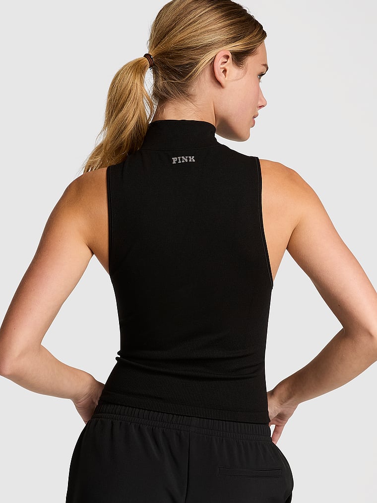 PINK Winter Seamless Half-Zip Tank Top, Pure Black, onModelBack, 2 of 5 Mari is 5'7" and wears Small