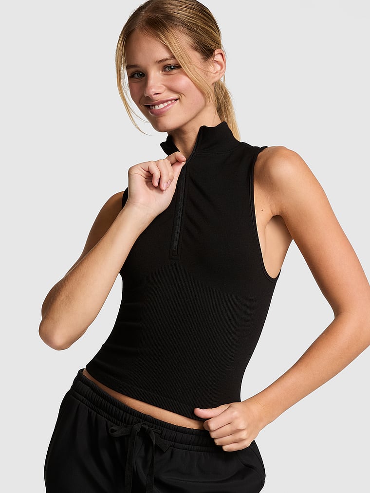 PINK Winter Seamless Half-Zip Tank Top, Pure Black, onModelFront, 1 of 5 Mari is 5'7" and wears Small