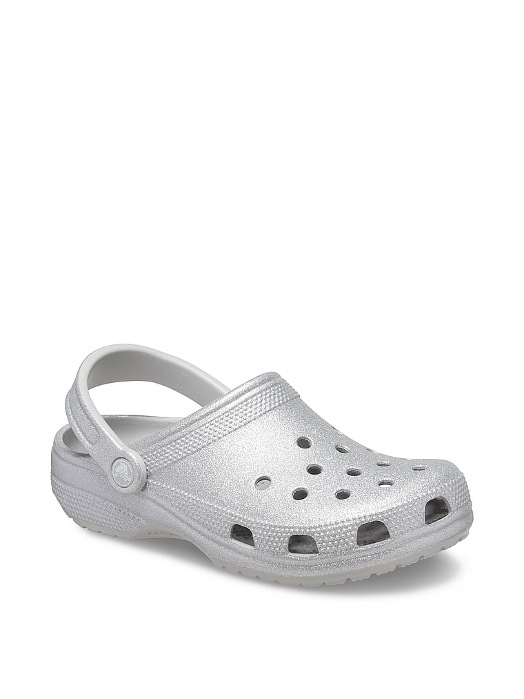 Crocs Classic Glitter Clogs, Silver, onModelFront, 1 of 3