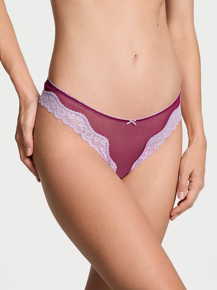 Victoria's Secret, Victoria's Secret Tease Mesh Lace-Trim High-Leg Thong Panty, Campari Red, onModelFront, 1 of 4 Maggie is 5'7" and wears Small