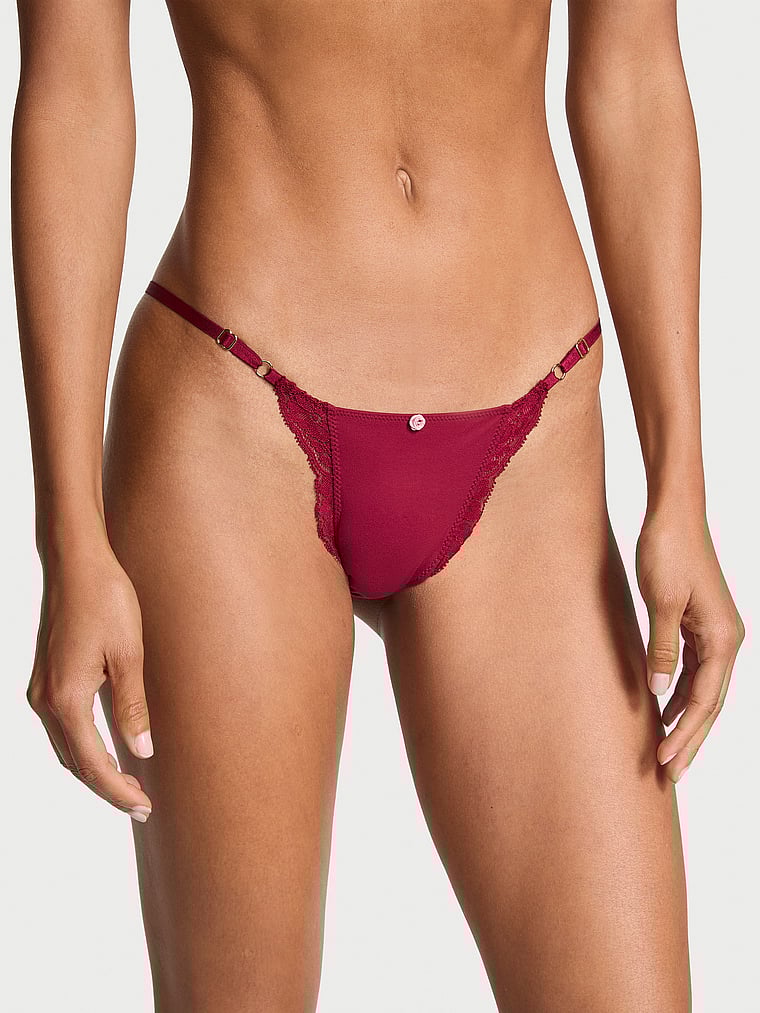 Victoria's Secret, Dream Angels Lace-Trim Adjustable String Bikini Panty, Campari Red, onModelFront, 1 of 4 Daiane is 5'11" and wears Small