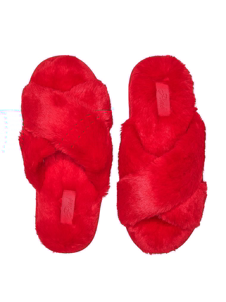 PINK Faux Fur Slippers, Bright Vermillion, offModelFront, 2 of 3