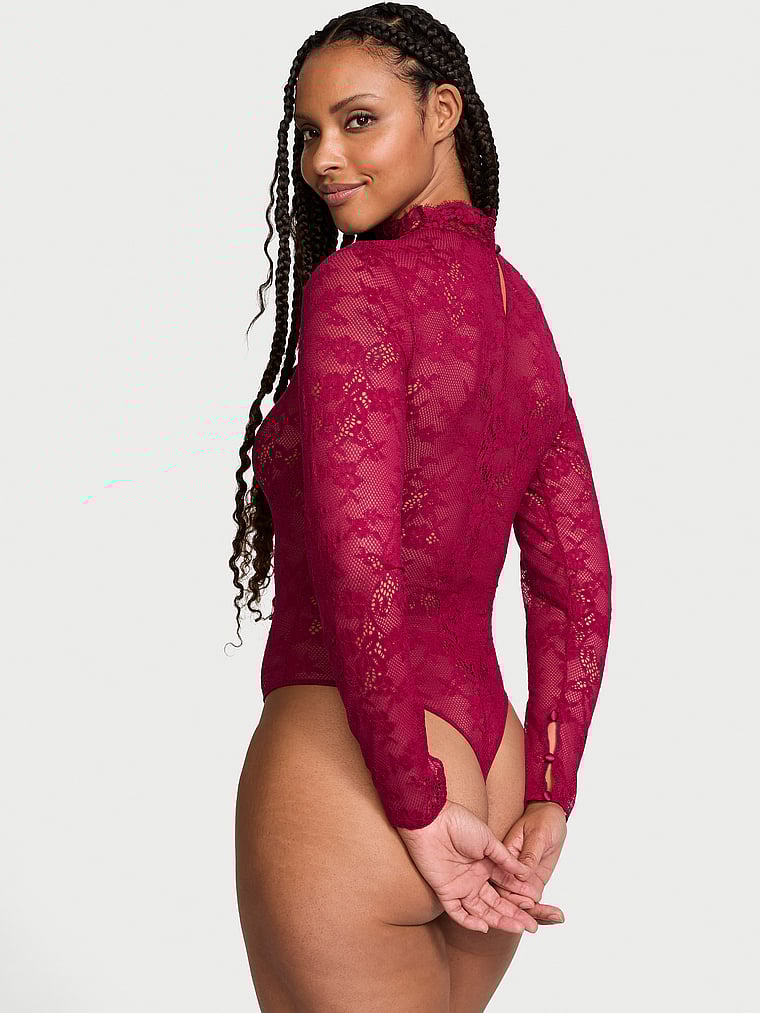 Victoria's Secret, Dream Angels Lace Long-Sleeve Bodysuit, CAMPARI RED, onModelBack, 3 of 4
