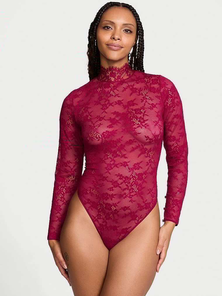 Victoria's Secret, Dream Angels Lace Long-Sleeve Bodysuit, CAMPARI RED, onModelFront, 2 of 4