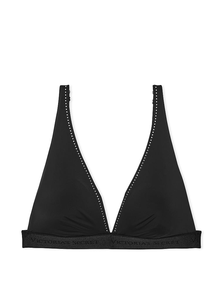 Victoria's Secret, The T-shirt  Shine-Trim Wireless Plunge Bralette, Black, offModelFront, 4 of 4
