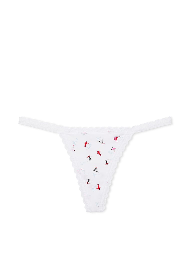 Victoria's Secret, Lace Trim Lace-Trim Cotton V-String Panty, White Skiers, offModelFront, 3 of 3