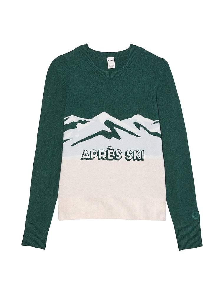 PINK Collegiate Knit Crewneck Sweater, Deep Forest Apres Ski, offModelFront, 2 of 4