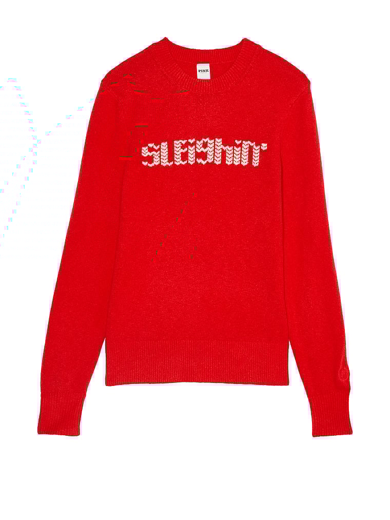 PINK Collegiate Knit Crewneck Sweater, Red Pepper Sleighin', offModelFront, 2 of 4