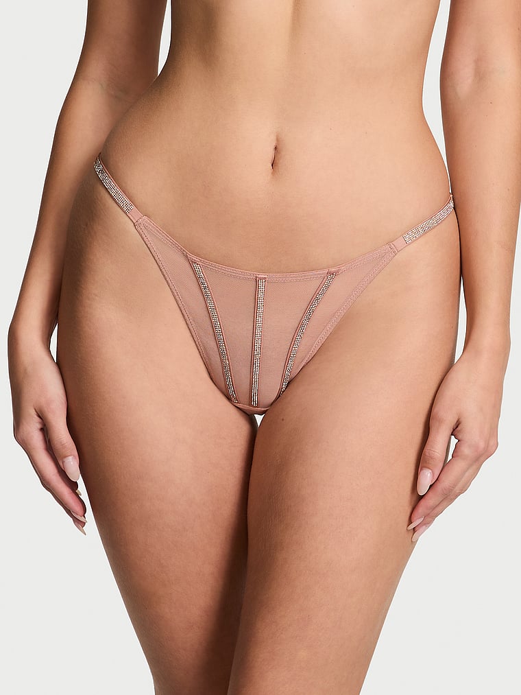 Victoria's Secret, Very Sexy Sheer Shine Thong Panty, Almond Beige, onModelSide, 2 of 5