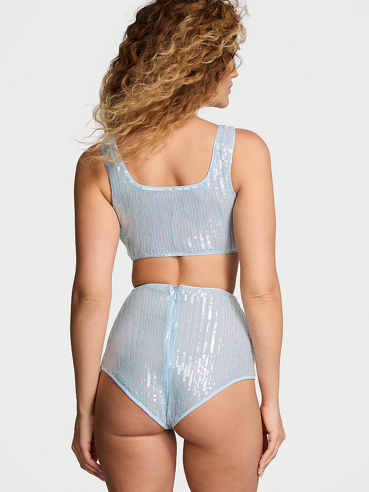 Victoria's Secret, Victoria's Secret Sequin Shimmer Bra Top & High-Waist Short Set, Light Blue, onModelBack, 2 of 4