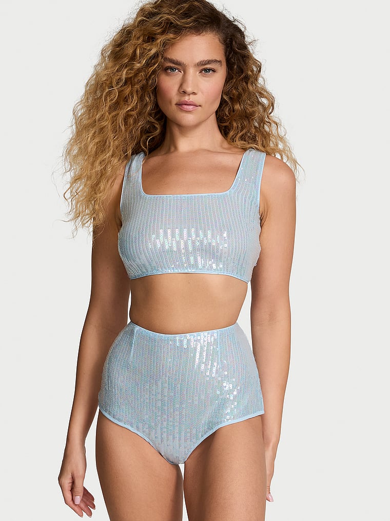 Victoria's Secret, Victoria's Secret Sequin Shimmer Bra Top & High-Waist Short Set, Light Blue, onModelSide, 3 of 4