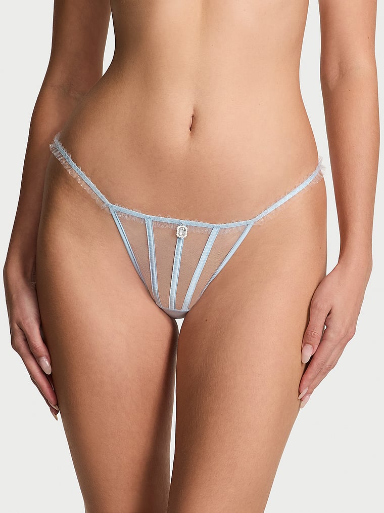 Victoria's Secret, Dream Angels Glitter Tulle Thong Panty, Light Blue Shimmer, onModelSide, 1 of 4