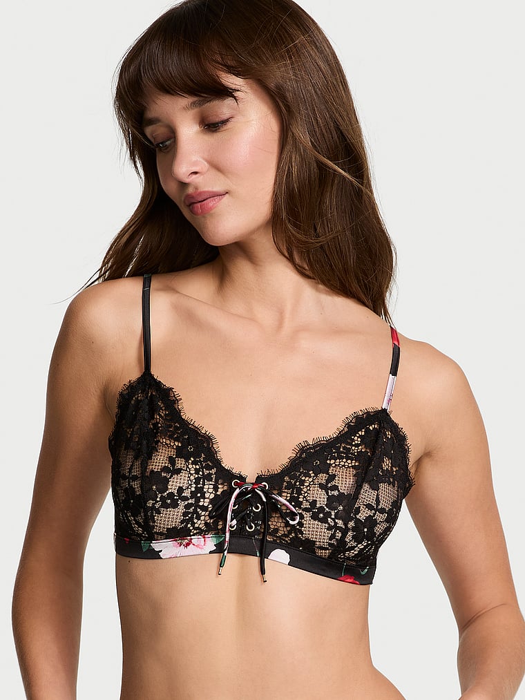 Victoria's Secret, Very Sexy ATELIER Victoria's Secret Satin Lace Trim Lightly Lined  Triangle Bra, Black Roses, onModelSide, 2 of 5