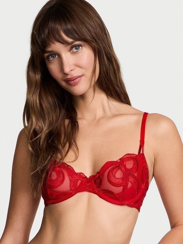Victoria's Secret, Dream Angels Wicked Tied-with-a-Bow Embroidery Unlined Balconette Bra, Bright Vermillion, onModelBack, 2 of 5