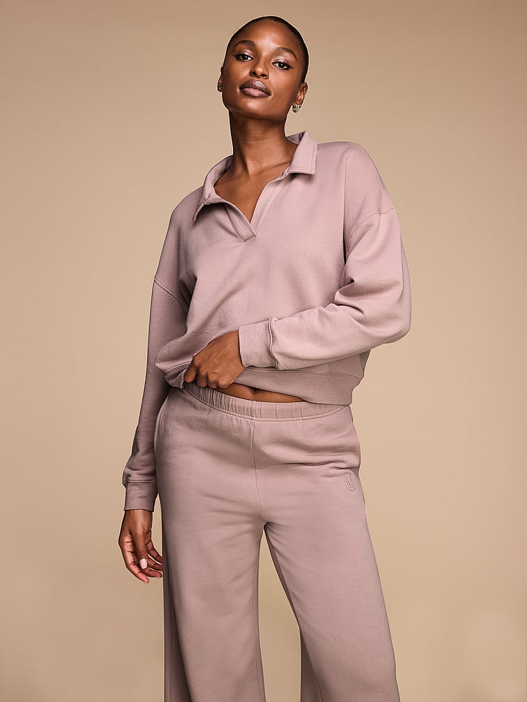 Victoria's Secret, Victoria's Secret Brushed Modal Fleece Wide-Leg Lounge Pants, FRENCH MAUVE, onModelSide, 1 of 4 Tsheca  is 5'9" and wears Small