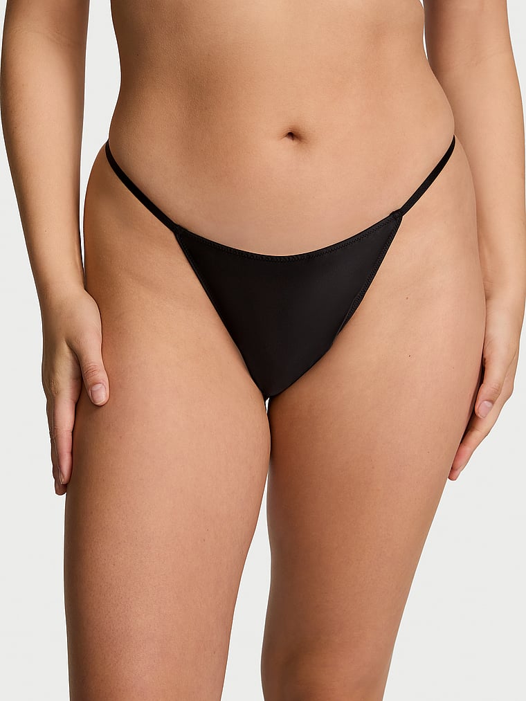 Victoria's Secret, Dream Angels Satin Pom Pom V-String Panty, Black, onModelFront, 1 of 4 Abbey is 5'10" and wears Medium