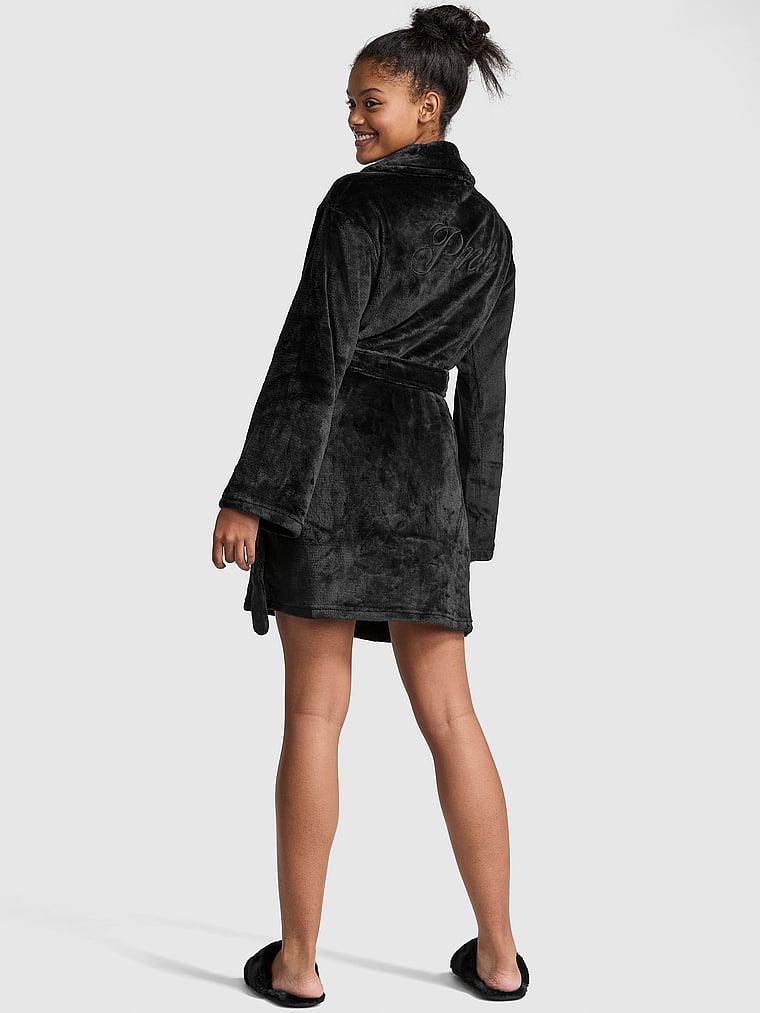 PINK Fluffy Robe, Pure Black W/ Logo Graphic, onModelBack, 2 of 3 Jordan is 5'9" and wears Small