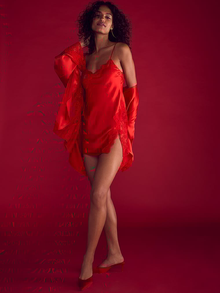 Victoria's Secret, Dream Angels Satin & Lace Trim Robe, BRIGHT VERMILLION, onModelSide, 4 of 4 Nikita  is 5'10" and wears Small
